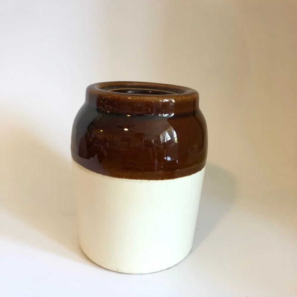 Vintage Brown & White Handmade Ceramic Stoneware Mini Crock